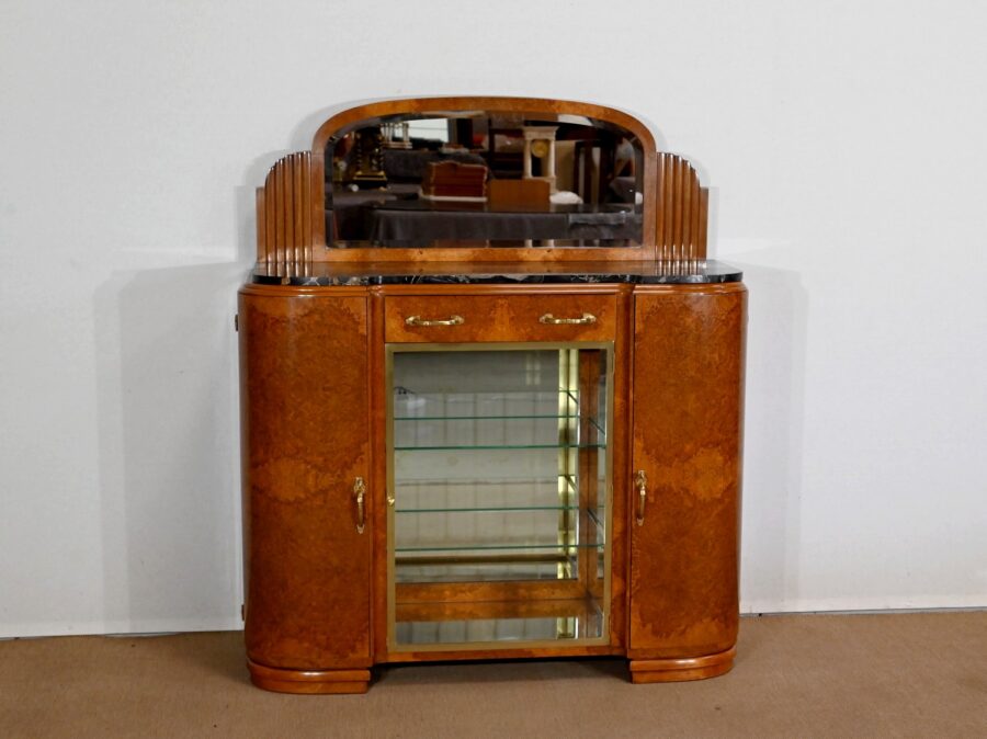 Buffet Vitrine en placage Loupe de Thuya et Marbre Noir, Maison Stourm – 1940
