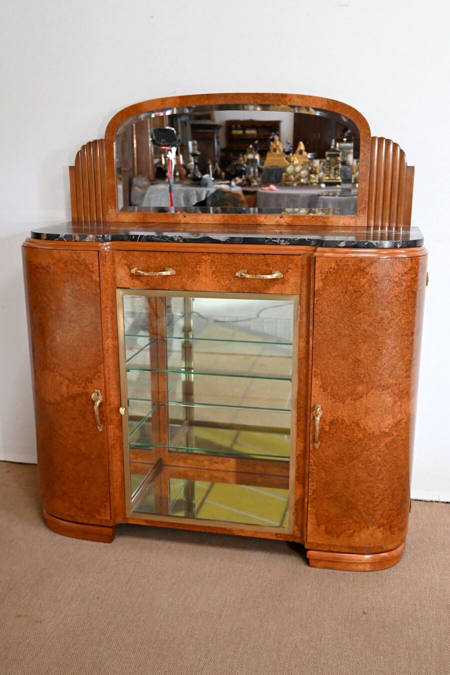 Buffet Vitrine en placage Loupe de Thuya et Marbre Noir, Maison Stourm – 1940 – Image 12