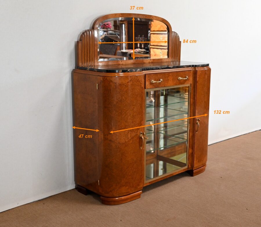 Buffet Vitrine en placage Loupe de Thuya et Marbre Noir, Maison Stourm – 1940 – Image 17