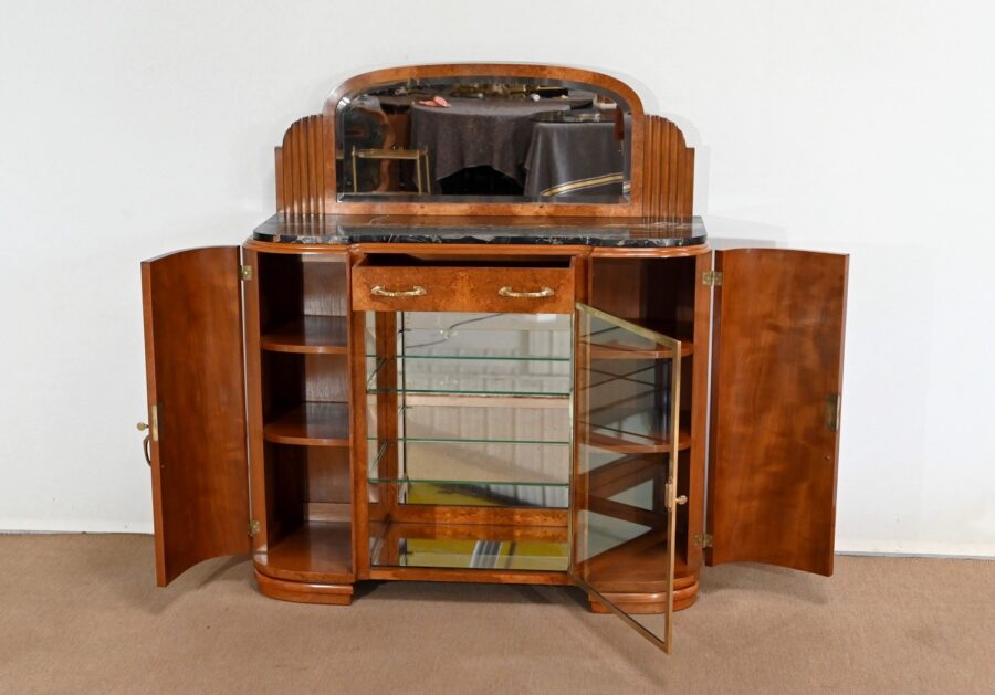Buffet Vitrine en placage Loupe de Thuya et Marbre Noir, Maison Stourm – 1940 – Image 4