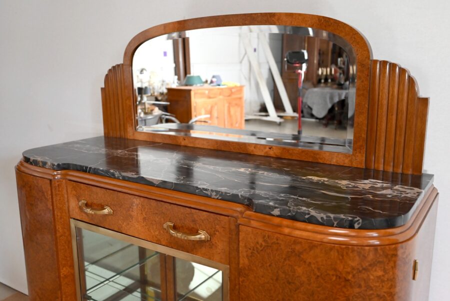 Buffet Vitrine en placage Loupe de Thuya et Marbre Noir, Maison Stourm – 1940 – Image 5