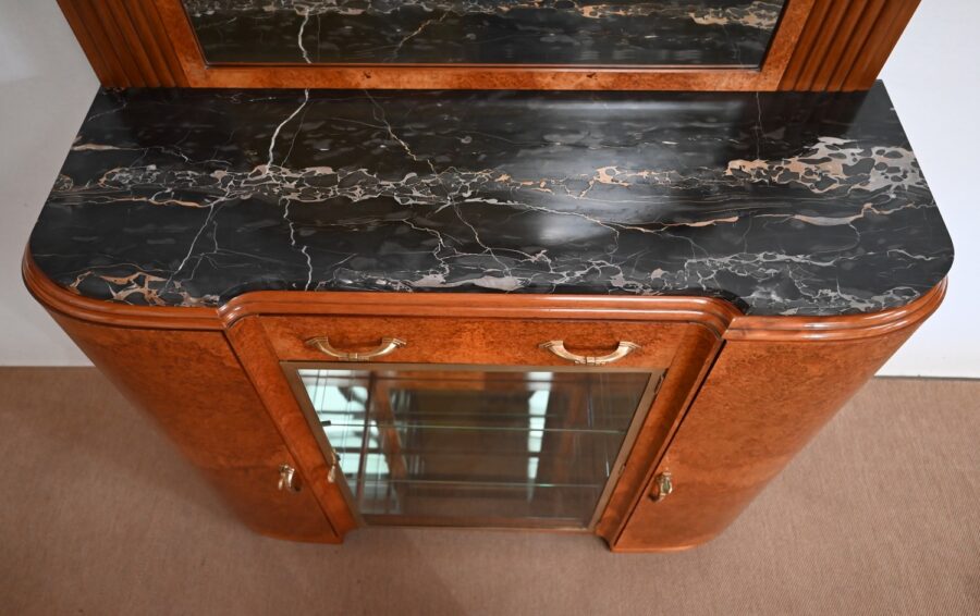 Buffet Vitrine en placage Loupe de Thuya et Marbre Noir, Maison Stourm – 1940 – Image 7
