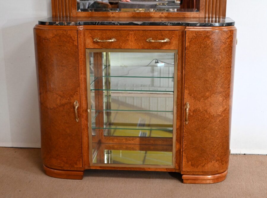 Buffet Vitrine en placage Loupe de Thuya et Marbre Noir, Maison Stourm – 1940 – Image 9