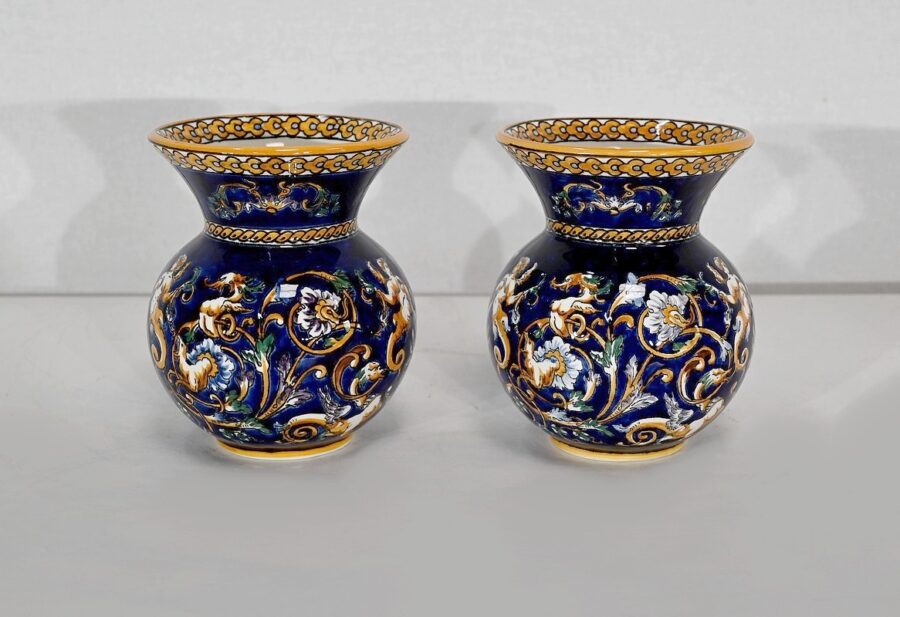 Plateau et Vases en Faïence de Gien, style Renaissance – Début XXe – Image 11