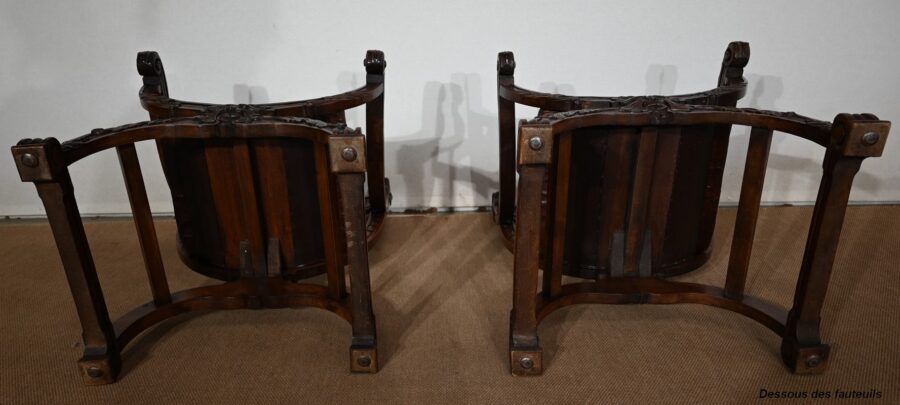 Paire d'importants Fauteuils Dagobert, Curule, goût Renaissance – Fin XIXe – Image 27