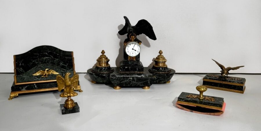 Rare Nécessaire de Bureau en Marbre et Bronze, style Empire – 2ème moitié du XIXe