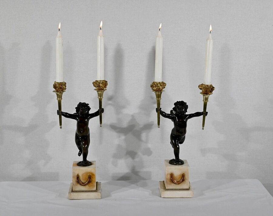 Paire de Chandeliers en Bronze et Marbre – 1ère partie du XIXe