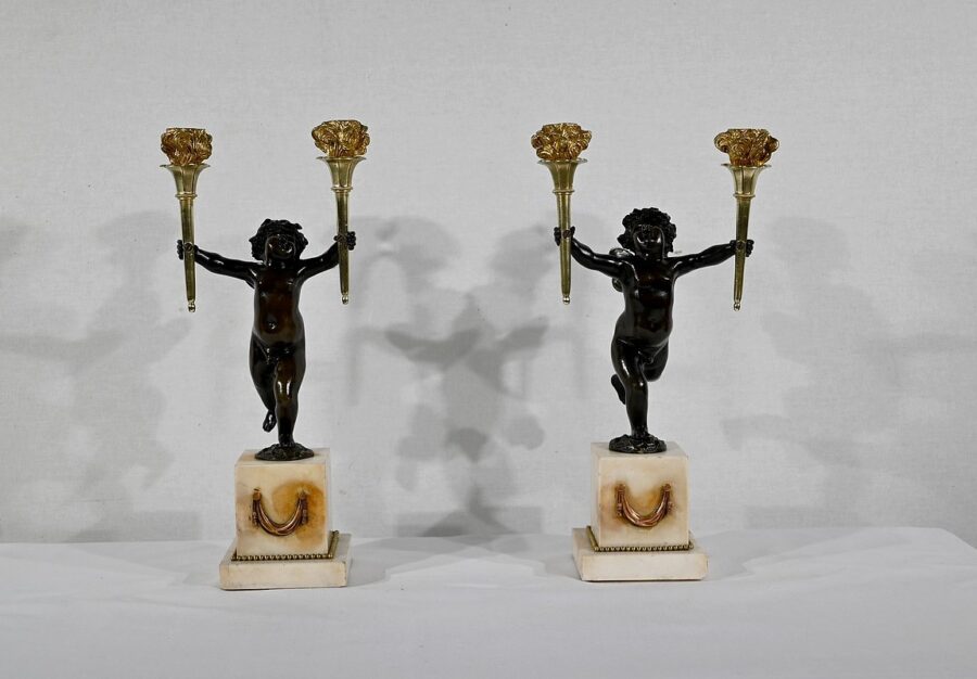 Paire de Chandeliers en Bronze et Marbre – 1ère partie du XIXe – Image 2