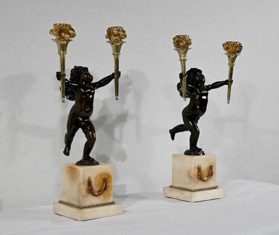 Paire de Chandeliers en Bronze et Marbre – 1ère partie du XIXe – Image 3