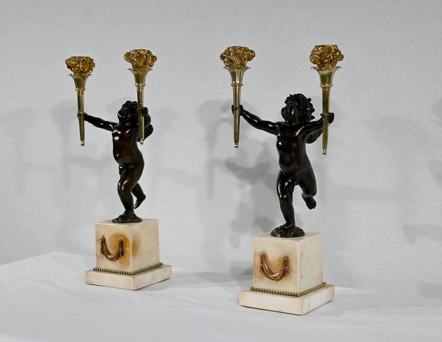 Paire de Chandeliers en Bronze et Marbre – 1ère partie du XIXe – Image 4