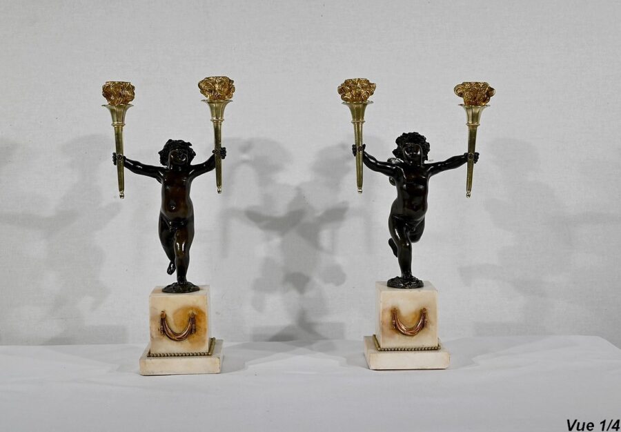 Paire de Chandeliers en Bronze et Marbre – 1ère partie du XIXe – Image 5