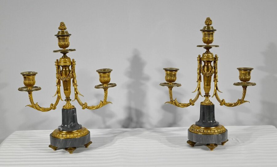 Paire de Candélabres en Bronze et Marbre – Milieu XIXe – Image 2