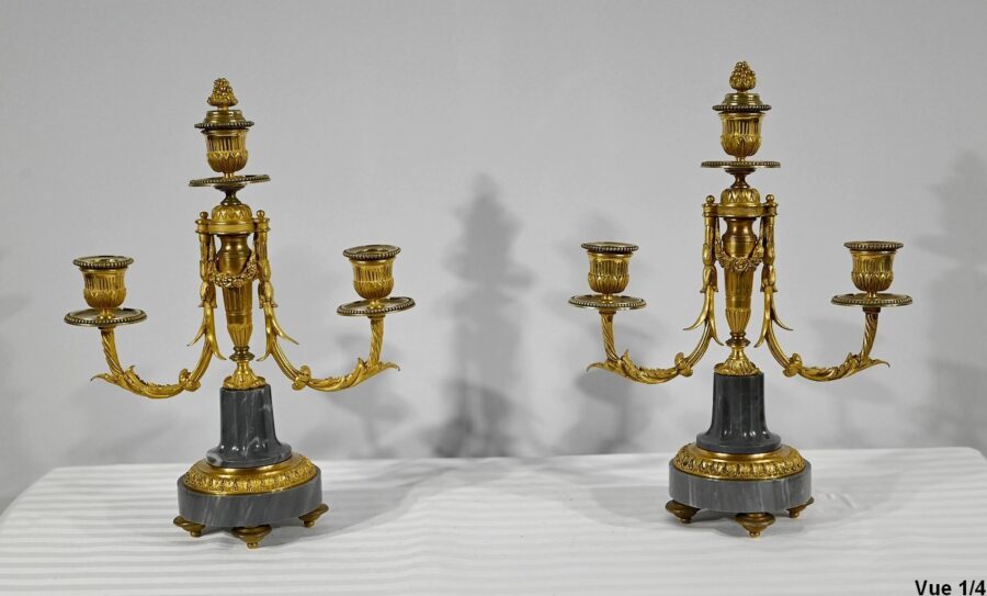Paire de Candélabres en Bronze et Marbre – Milieu XIXe – Image 5