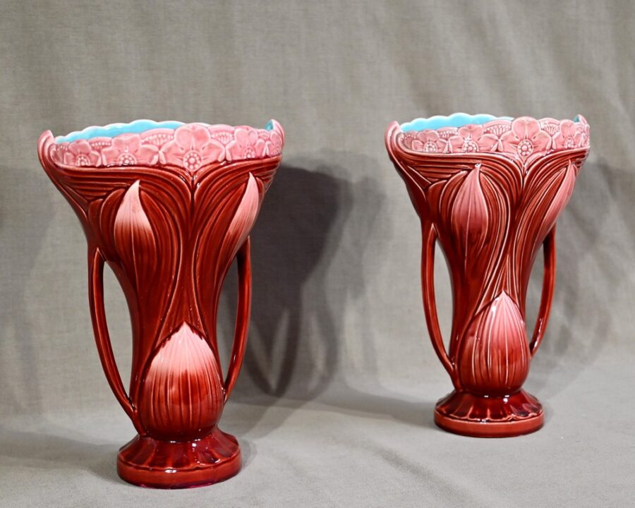 Paire de Vases en Faïence, estampillés Digoin Sarreguemines – Fin XIXe – Image 2