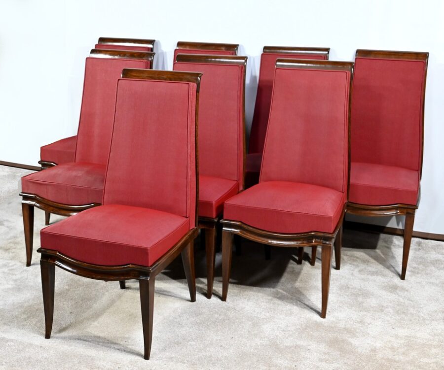 Suite de 8 Chaises en Hêtre Massif, attribuée à J.Leleu, Art Déco - 1940