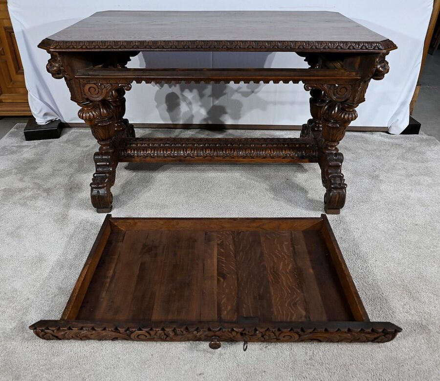 Table Bureau en Chêne, goût Renaissance Gothique – Fin XIXe – Image 20