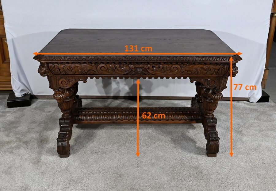 Table Bureau en Chêne, goût Renaissance Gothique – Fin XIXe – Image 21