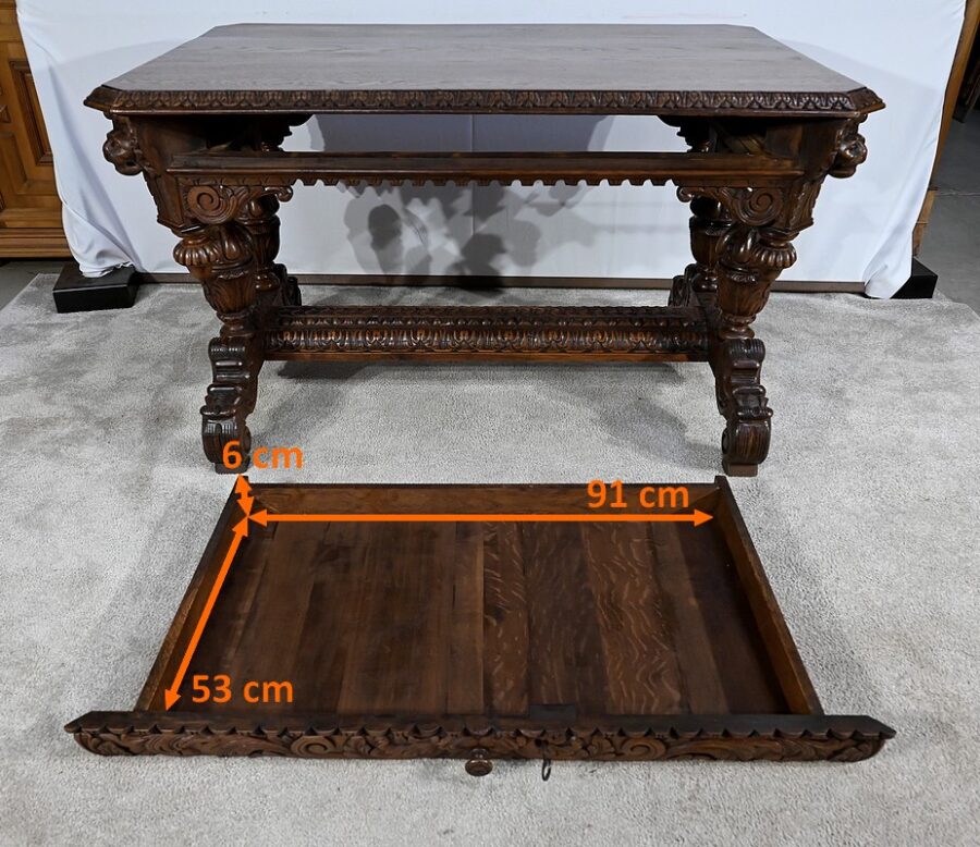 Table Bureau en Chêne, goût Renaissance Gothique – Fin XIXe – Image 23