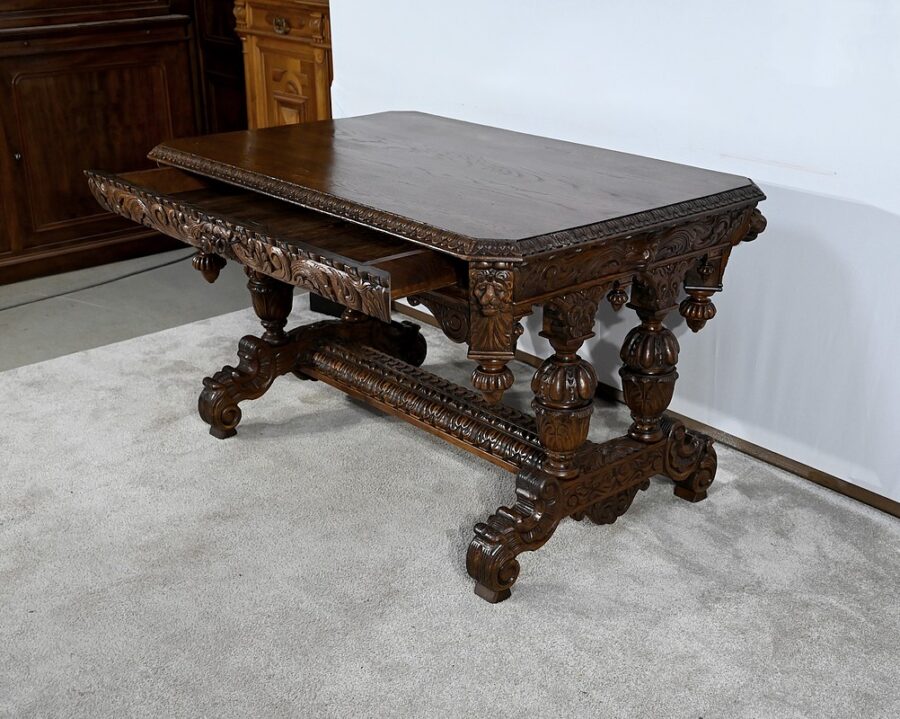 Table Bureau en Chêne, goût Renaissance Gothique – Fin XIXe – Image 3
