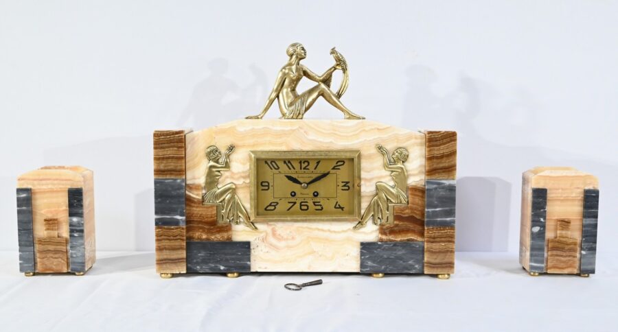Ensemble de Cheminée en Onyx et Bronze, estampillé A. Gapaillard, Art Déco – 1920