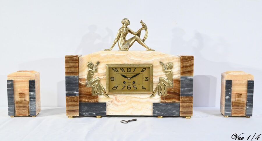 Ensemble de Cheminée en Onyx et Bronze, estampillé A. Gapaillard, Art Déco – 1920 – Image 4