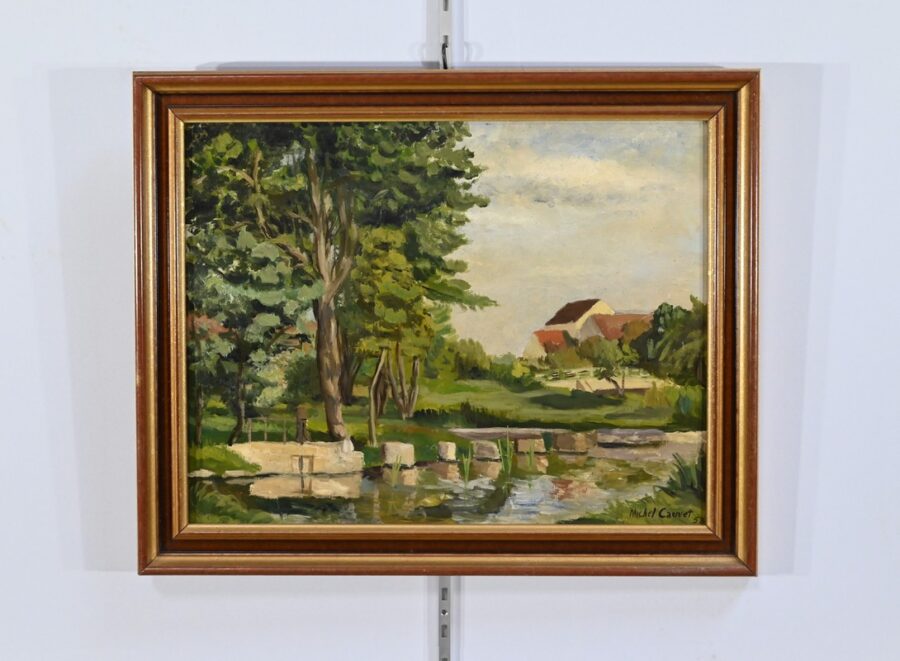 Peinture à l'Huile sur Bois, signée M.Cauvet – 1958