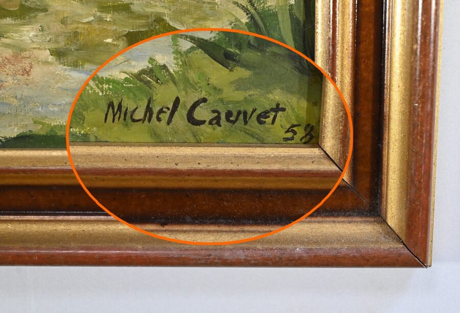Peinture à l'Huile sur Bois, signée M.Cauvet – 1958 – Image 12