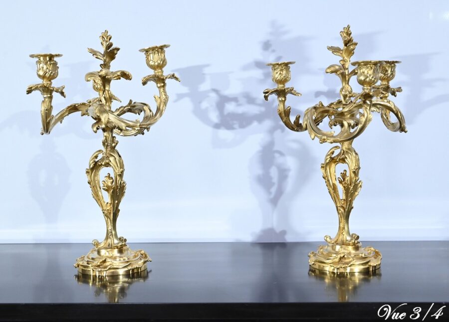 Paire de Candélabres en Bronze Doré, style Louis XV – Fin XIXe – Image 13