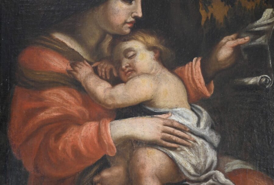 Peinture à l’Huile « Vierge à l’Enfant », école du XIXe – Fin XIXe – Image 7