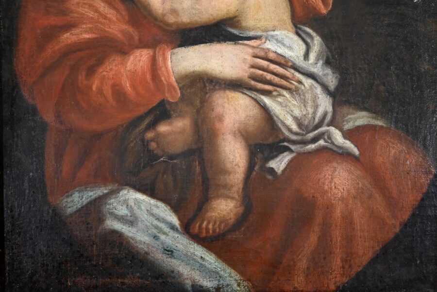 Peinture à l’Huile « Vierge à l’Enfant », école du XIXe – Fin XIXe – Image 9