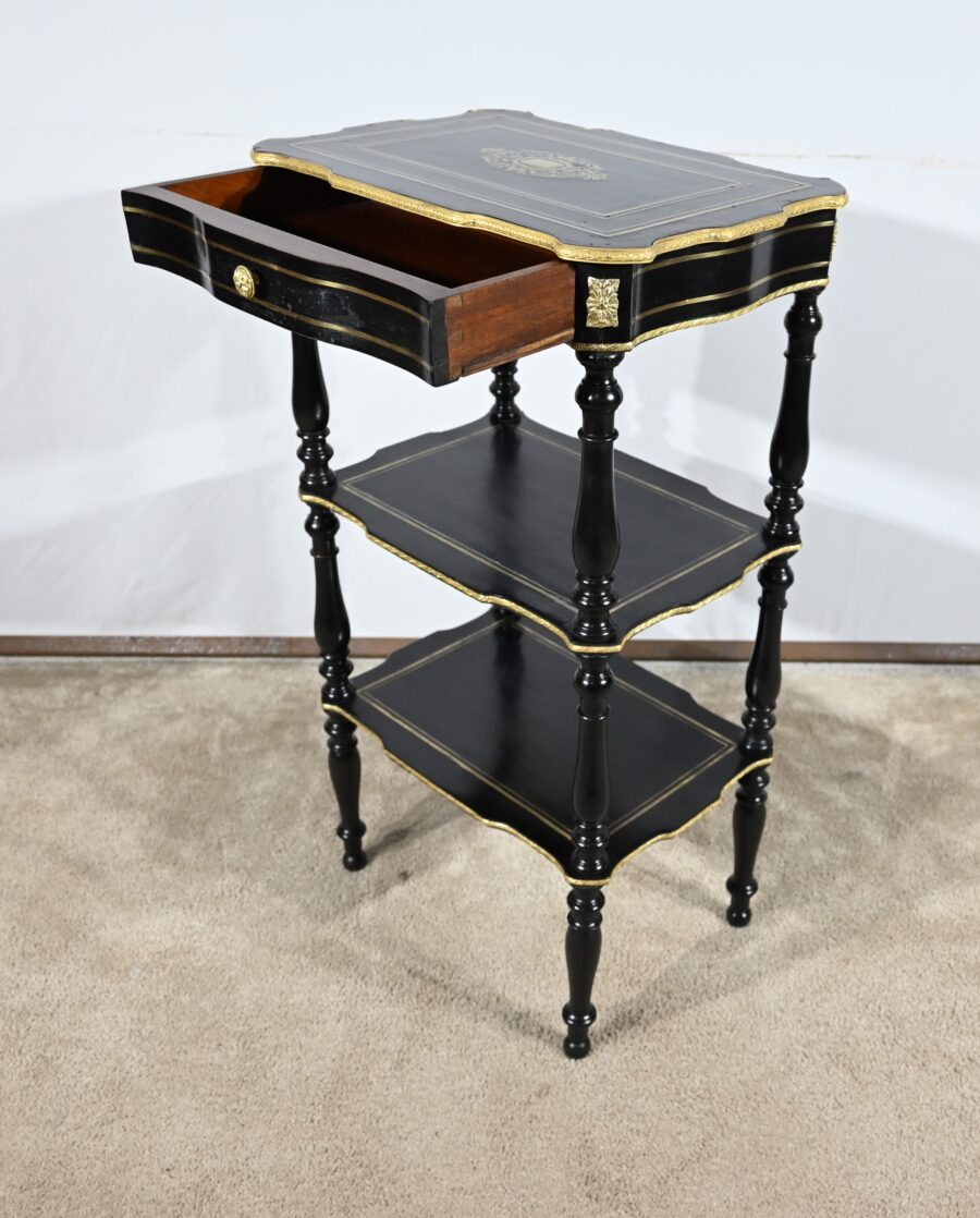 Rare Petite Table Desserte en Poirier noirci et Laiton, époque Napoléon III – Milieu XIXe – Image 19