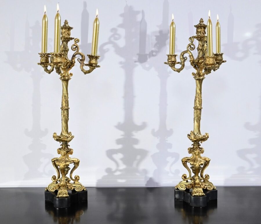 Paire de Candélabres en Bronze Doré, époque Restauration – Début XIXe
