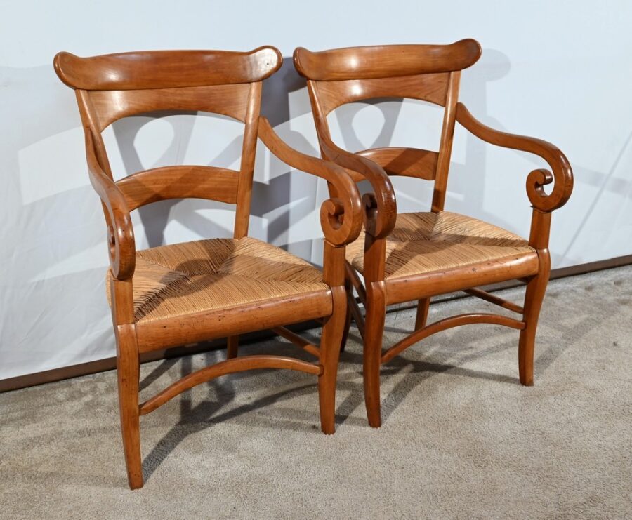 Paire de Fauteuils de Propriété en Merisier Massif, époque Restauration – 1ère Partie XIXe