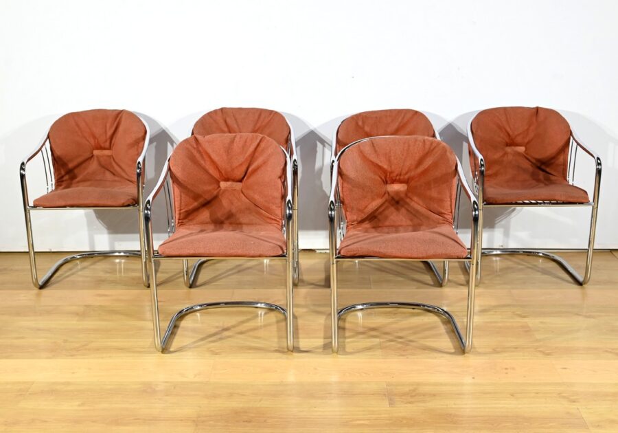 Suite de 6 Chaises à Bras, en Métal Chromé, de Gastone Rinaldi – 1970