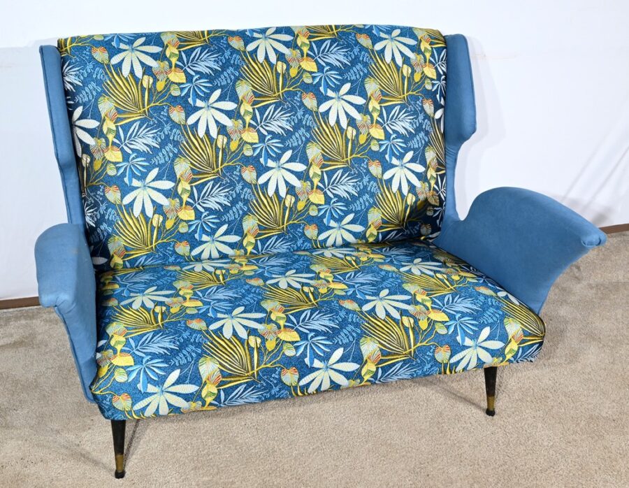 Banquette 2 Places en Tissu Bleu Azur – 1940 – Image 3
