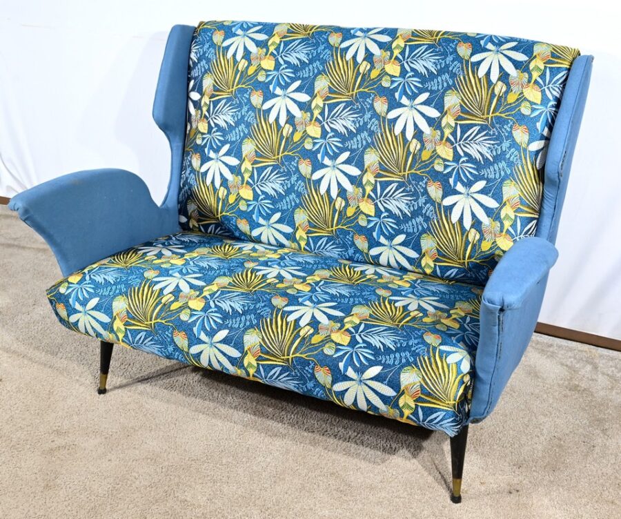 Banquette 2 Places en Tissu Bleu Azur – 1940 – Image 4