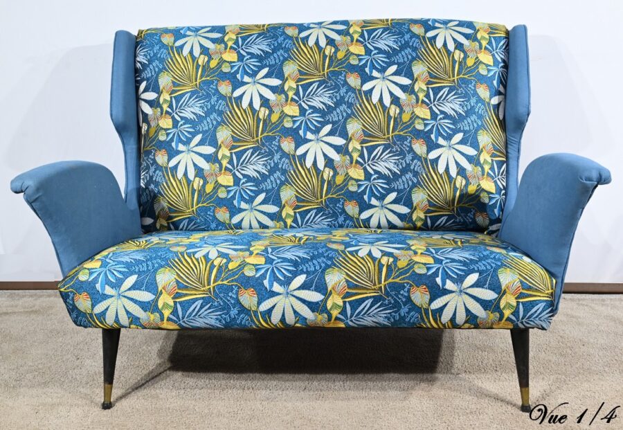 Banquette 2 Places en Tissu Bleu Azur – 1940 – Image 5