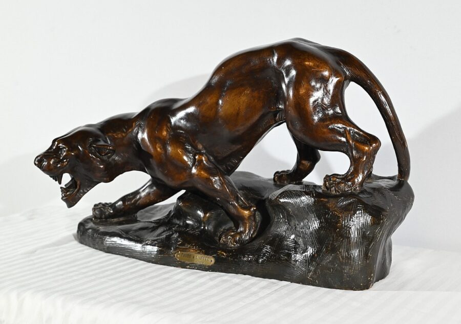 Sculpture en Terre Cuite Patinée « Tigre à l’Affût », signée T.Cartier – Début XXe – Image 4