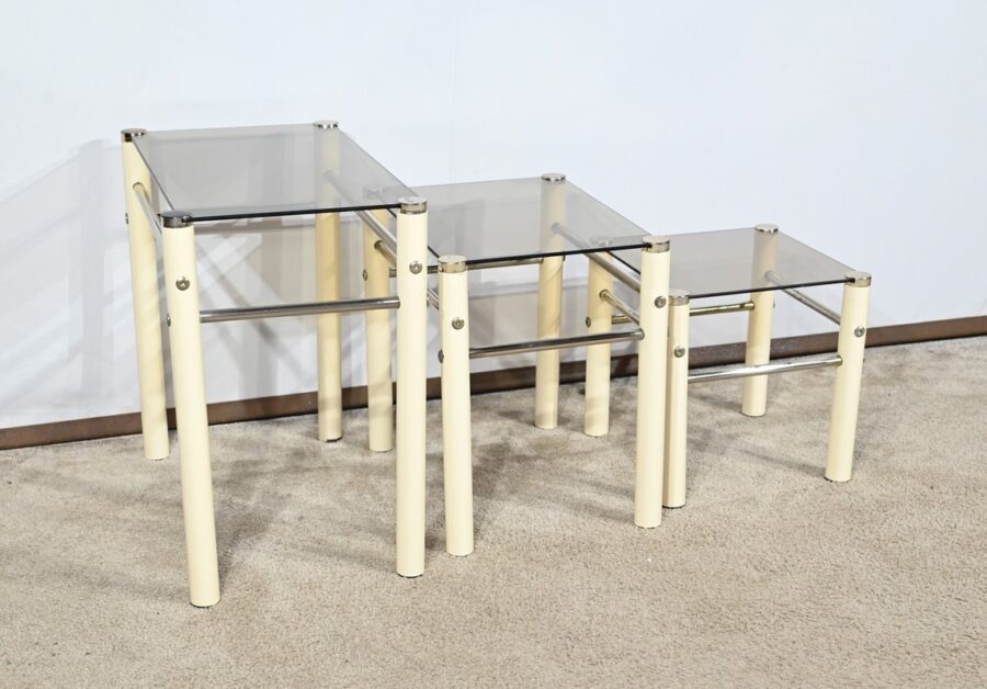 Tables Gigognes en Métal Beige, attribuées à Yves Boutboul – 1970 – Image 2