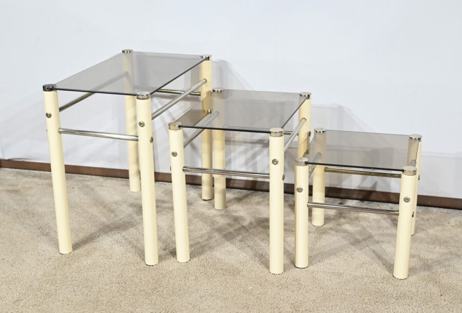 Tables Gigognes en Métal Beige, attribuées à Yves Boutboul – 1970 – Image 3