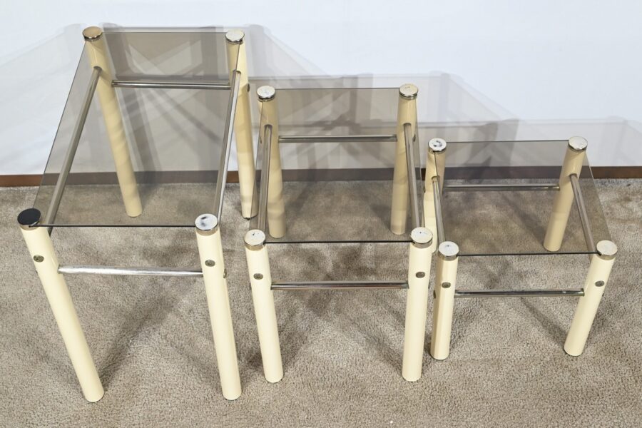 Tables Gigognes en Métal Beige, attribuées à Yves Boutboul – 1970 – Image 4