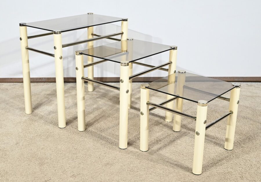 Tables Gigognes en Métal Beige, attribuées à Yves Boutboul – 1970 – Image 5