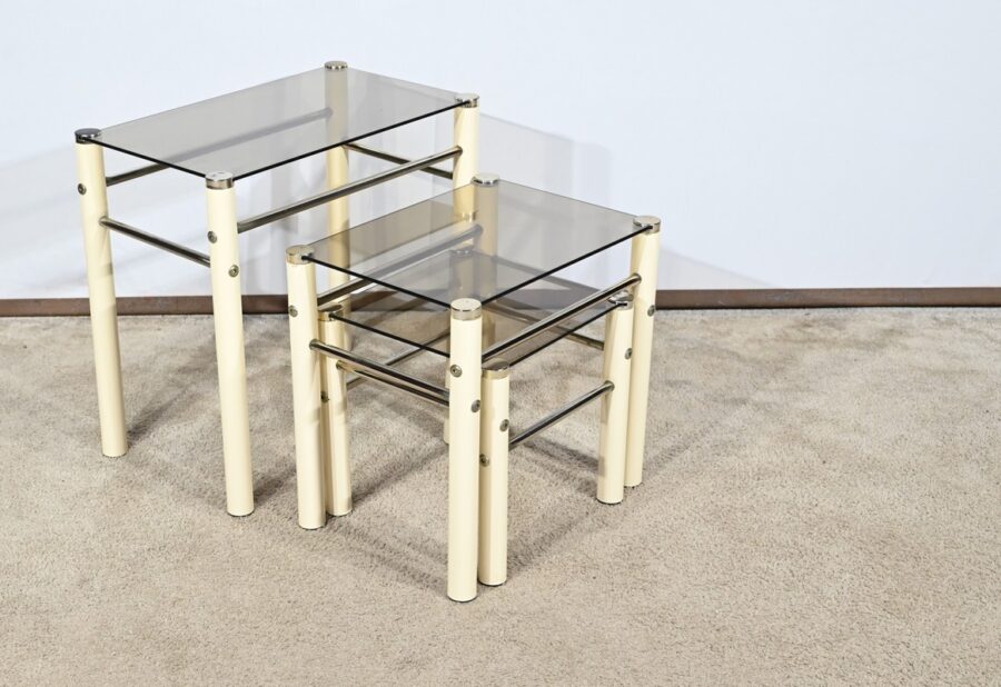 Tables Gigognes en Métal Beige, attribuées à Yves Boutboul – 1970 – Image 6