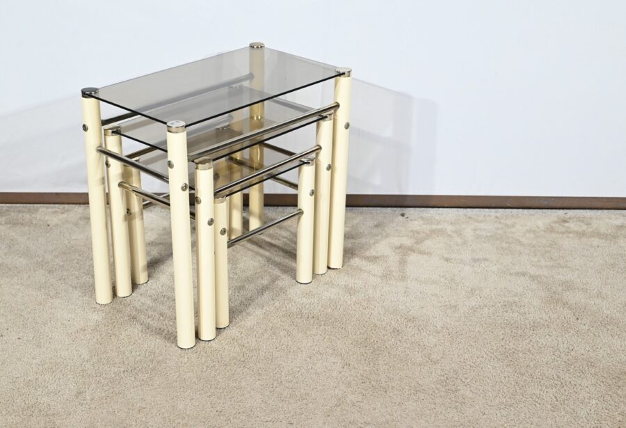 Tables Gigognes en Métal Beige, attribuées à Yves Boutboul – 1970 – Image 7