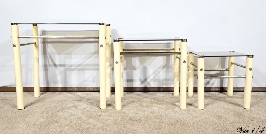 Tables Gigognes en Métal Beige, attribuées à Yves Boutboul – 1970 – Image 8