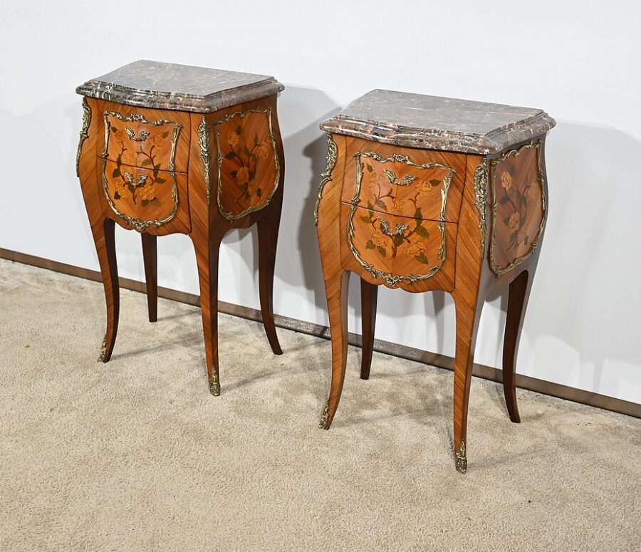 Paire de Chevets en Bois de Rose et Marqueteries, style Louis XV - Milieu XXe – Image 3
