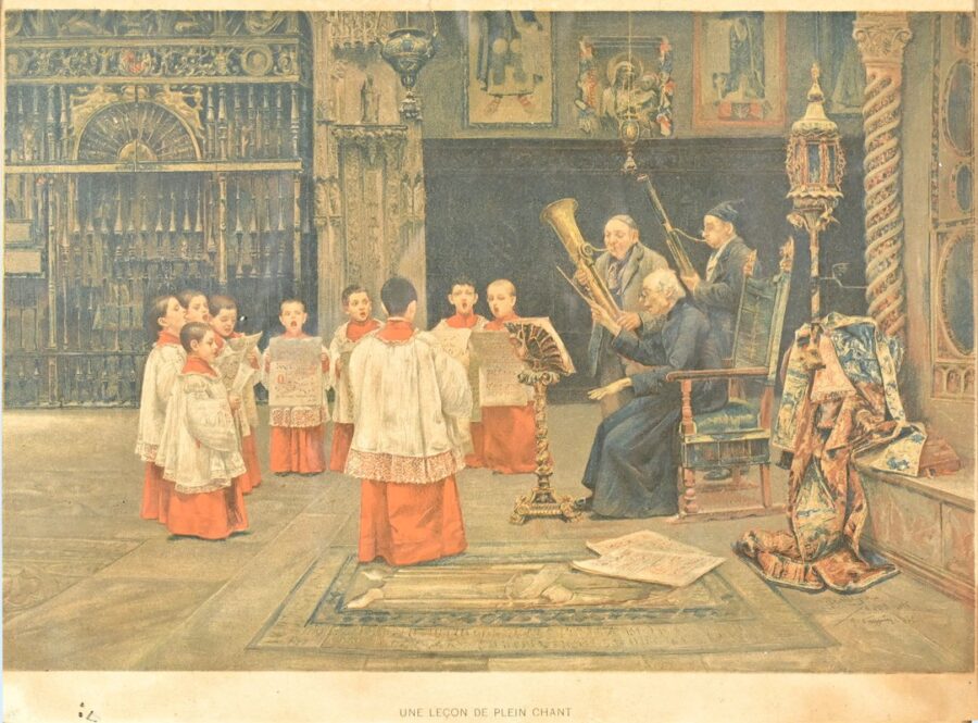 Estampe Titrée « Une Leçon de Plein Chant » d’après J. Gallegos y Arnosa – Début XXe – Image 4