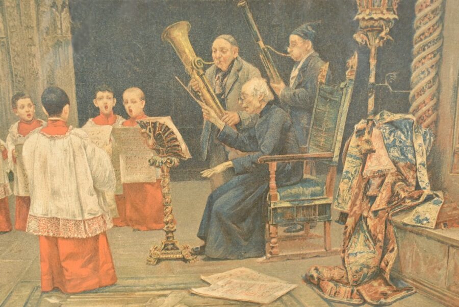 Estampe Titrée « Une Leçon de Plein Chant » d’après J. Gallegos y Arnosa – Début XXe – Image 5