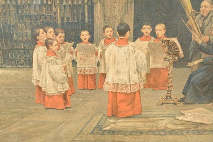 Estampe Titrée « Une Leçon de Plein Chant » d’après J. Gallegos y Arnosa – Début XXe – Image 7