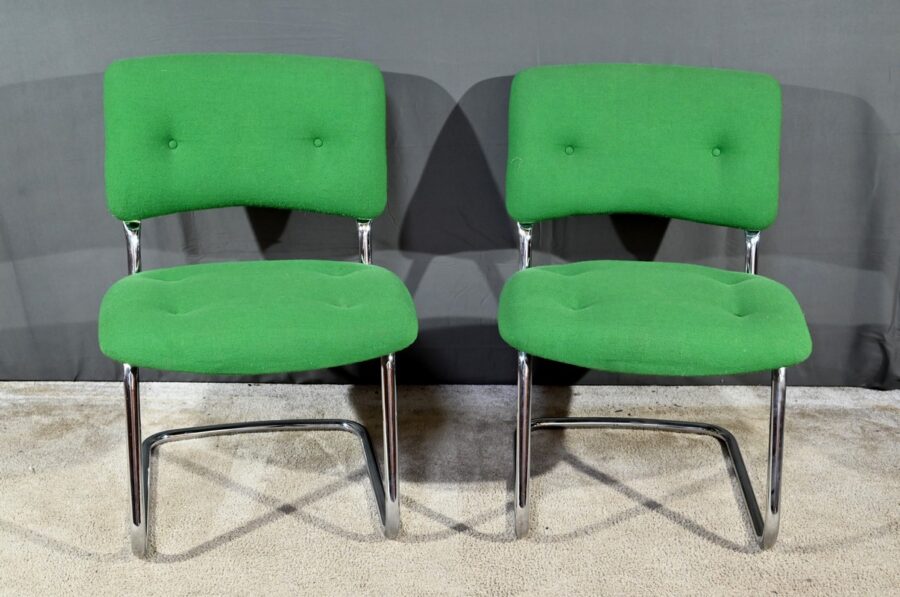Paire de Chaises en Tissu Coton et Métal Chromé, attribuées à Steelcase Strafor – 1970